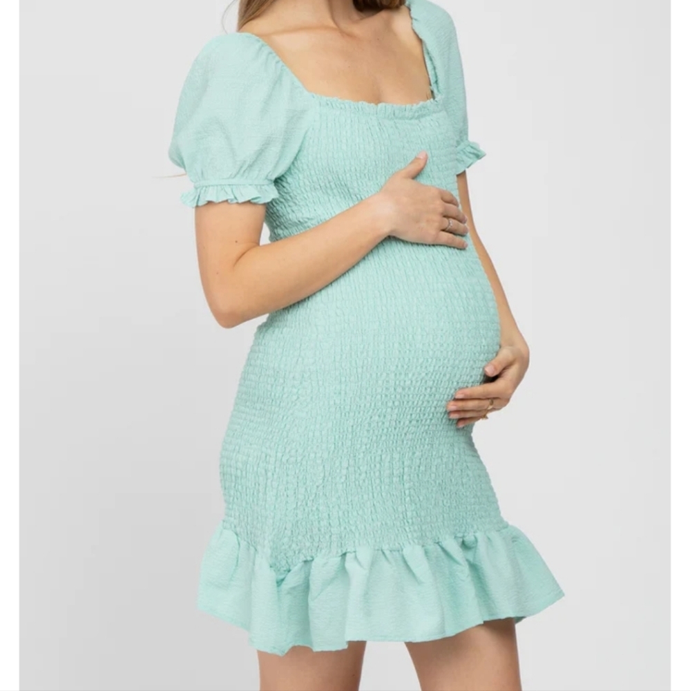 Pinkblush Bibi Mint Green Smocked Puff Sleeve Bodycon Maternity Mini Dress S